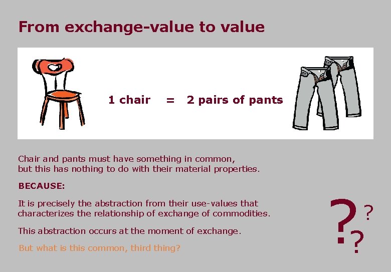 From exchange-value to value 1 chair = 2 pairs of pants Chair and pants