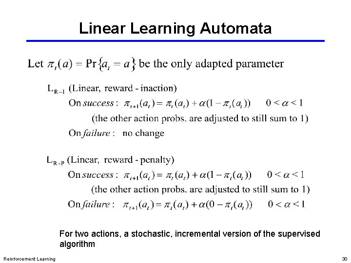 Linear Learning Automata For two actions, a stochastic, incremental version of the supervised algorithm
