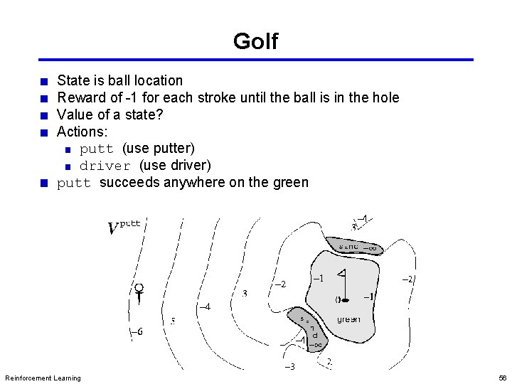 Golf State is ball location Reward of -1 for each stroke until the ball Golf State is ball location Reward of -1 for each stroke until the ball