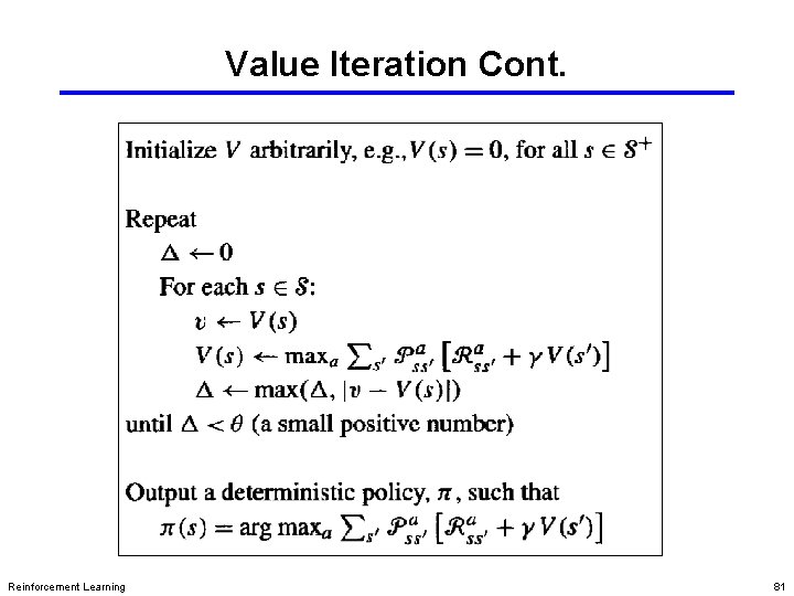 Value Iteration Cont. Reinforcement Learning 81 