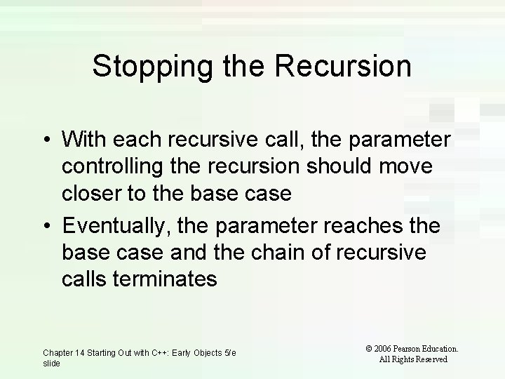 Stopping the Recursion • With each recursive call, the parameter controlling the recursion should Stopping the Recursion • With each recursive call, the parameter controlling the recursion should