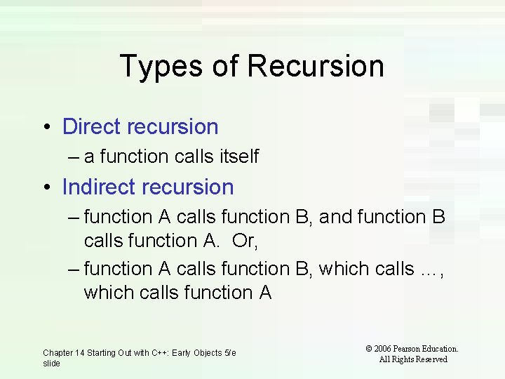Types of Recursion • Direct recursion – a function calls itself • Indirect recursion Types of Recursion • Direct recursion – a function calls itself • Indirect recursion