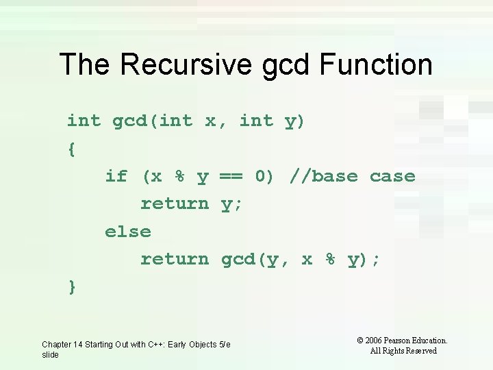 The Recursive gcd Function int gcd(int x, int y) { if (x % y The Recursive gcd Function int gcd(int x, int y) { if (x % y