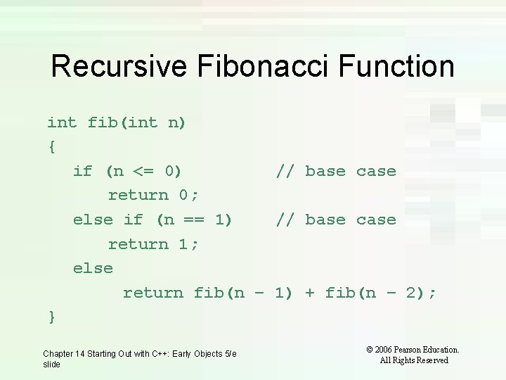 Recursive Fibonacci Function int fib(int n) { if (n <= 0) // base case Recursive Fibonacci Function int fib(int n) { if (n <= 0) // base case