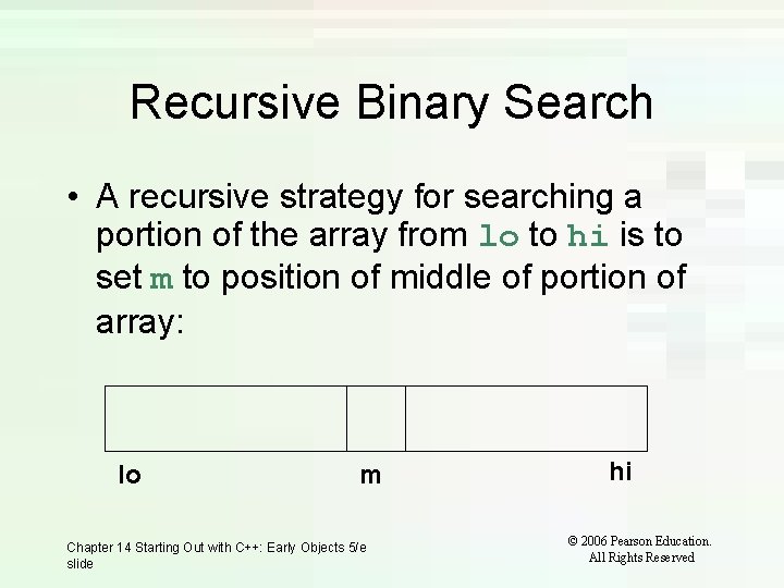 Recursive Binary Search • A recursive strategy for searching a portion of the array Recursive Binary Search • A recursive strategy for searching a portion of the array