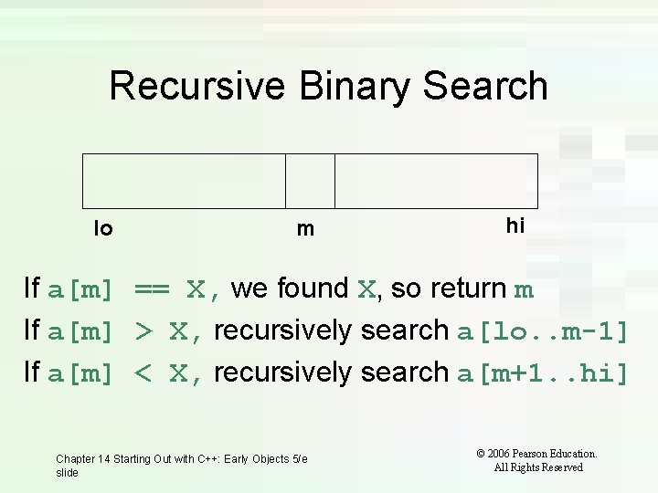 Recursive Binary Search lo m hi If a[m] == X, we found X, so