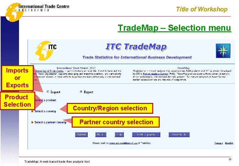 Title of Workshop Trade. Map – Selection menu Imports or Exports Product Selection Country/Region