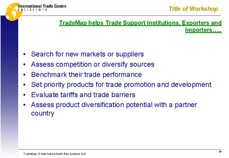 Title of Workshop Trade. Map helps Trade Support Institutions, Exporters and Importers…. . •