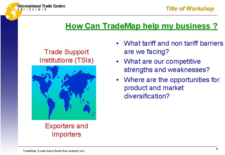 Title of Workshop How Can Trade. Map help my business ? Trade Support Institutions