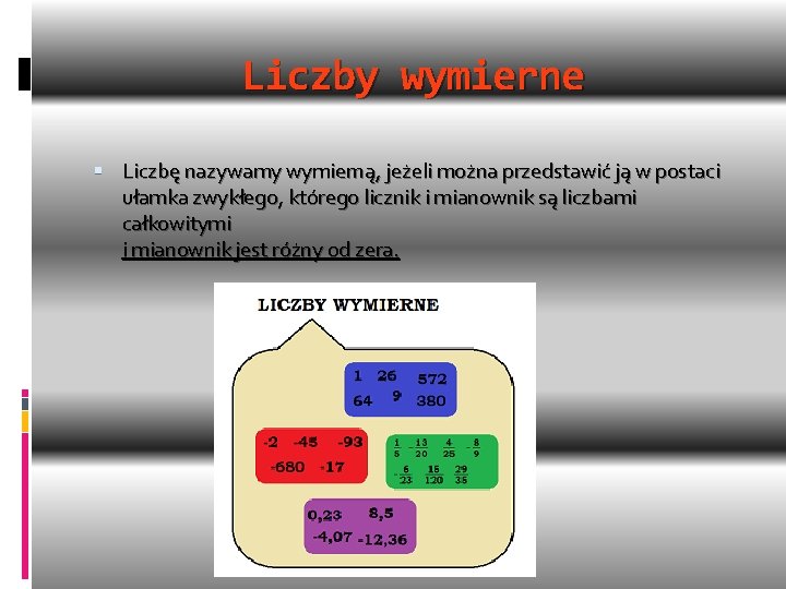 Liczby wymierne Liczbę nazywamy wymierną, jeżeli można przedstawić ją w postaci ułamka zwykłego, którego