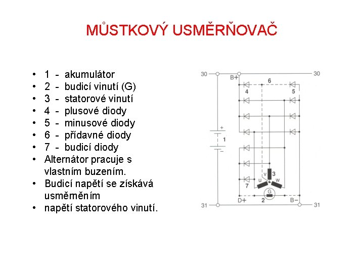 MŮSTKOVÝ USMĚRŇOVAČ • • 1 - akumulátor 2 - budicí vinutí (G) 3 -