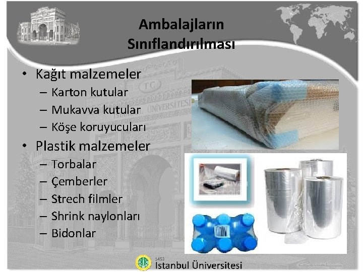 Ambalajların Sınıflandırılması • Kağıt malzemeler – Karton kutular – Mukavva kutular – Köşe koruyucuları