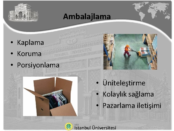 Ambalajlama • Kaplama • Koruma • Porsiyonlama • Üniteleştirme • Kolaylık sağlama • Pazarlama