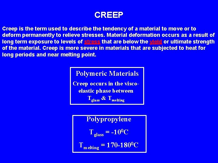 CREEP Creep is the term used to describe the tendency of a material to