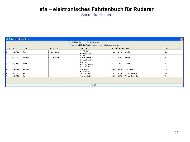 efa – elektronisches Fahrtenbuch für Ruderer Sonderfunktionen 21 