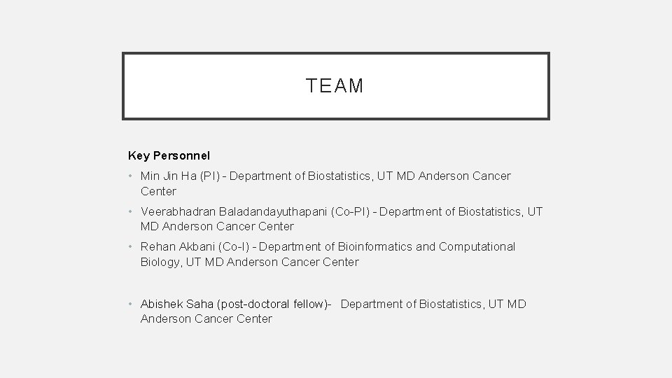 TEAM Key Personnel • Min Jin Ha (PI) – Department of Biostatistics, UT MD