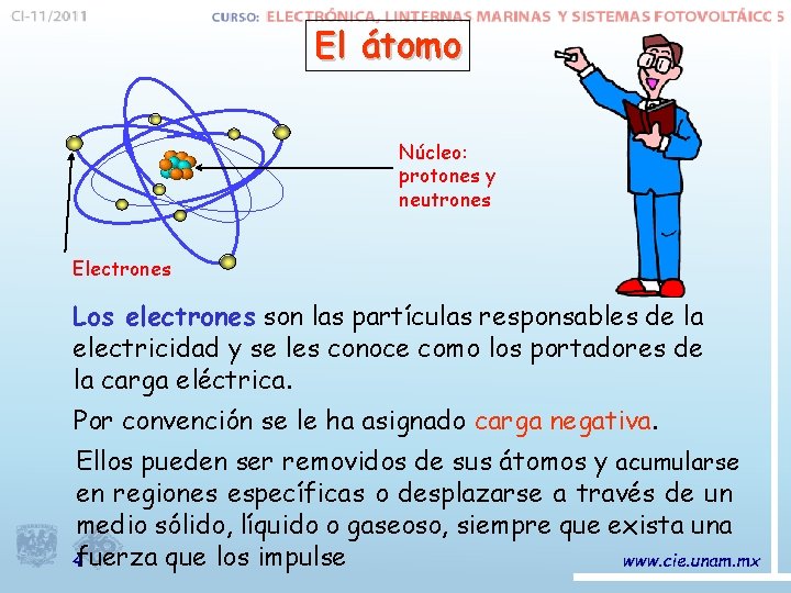 El átomo Núcleo: protones y neutrones Electrones Los electrones son las partículas responsables de