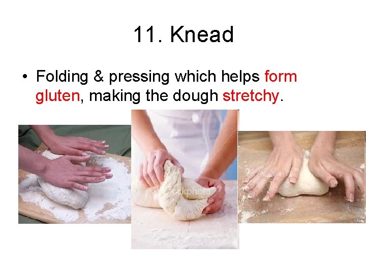 11. Knead • Folding & pressing which helps form gluten, making the dough stretchy.