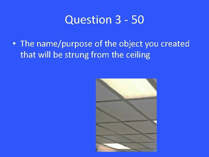 Question 3 - 50 • The name/purpose of the object you created that will
