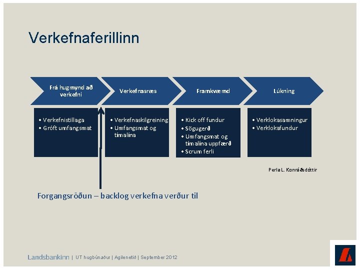 Verkefnaferillinn Frá hugmynd að verkefni • Verkefnistillaga • Gróft umfangsmat Verkefnasræs • Verkefnaskilgreining •