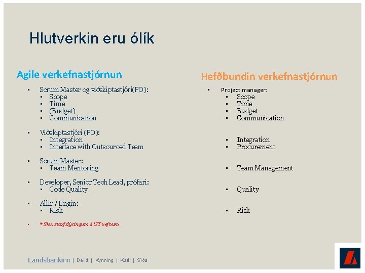 Hlutverkin eru ólík Agile verkefnastjórnun Hefðbundin verkefnastjórnun • Project manager: • Scope • Time