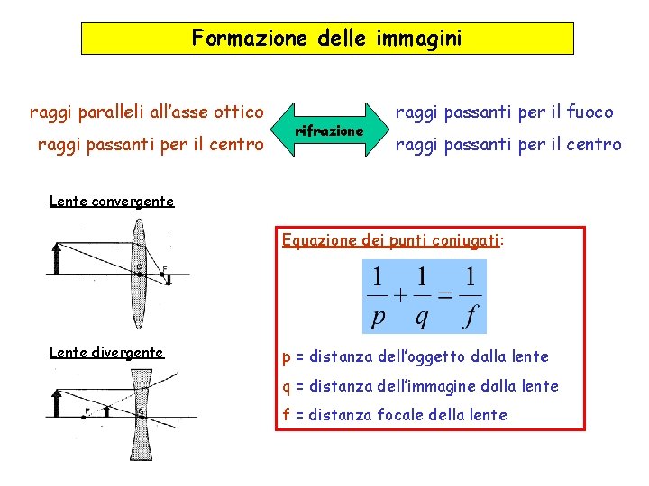 Formazione delle immagini raggi paralleli all’asse ottico raggi passanti per il centro rifrazione raggi