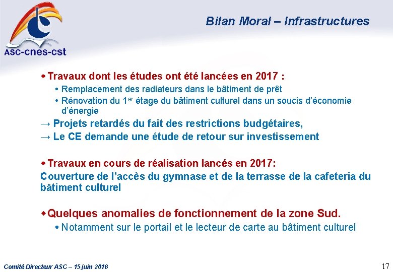 Bilan Moral – Infrastructures w Travaux dont les études ont été lancées en 2017