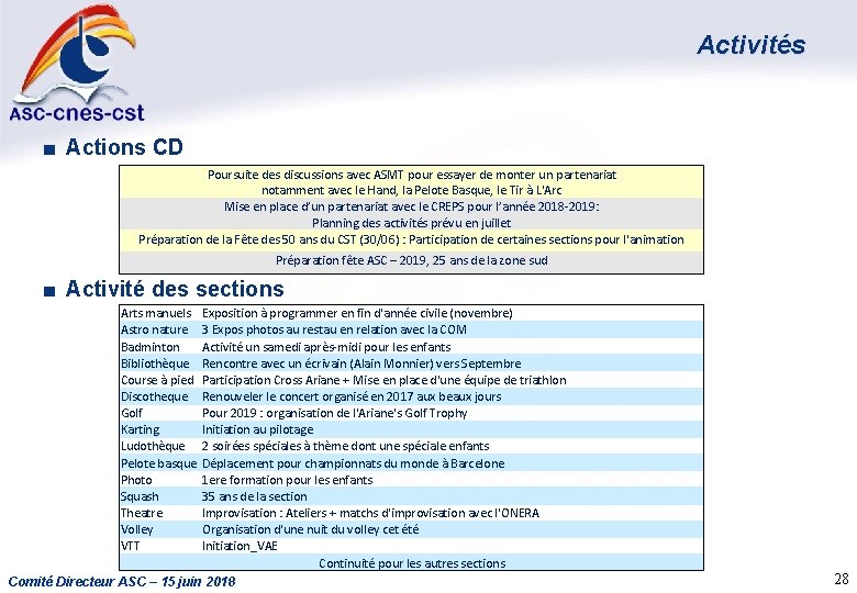 Activités ■ Actions CD Poursuite des discussions avec ASMT pour essayer de monter un