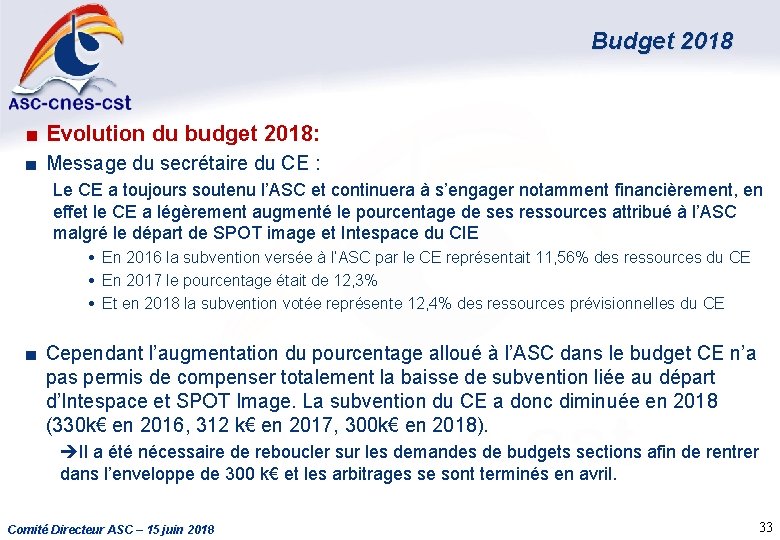 Budget 2018 ■ Evolution du budget 2018: ■ Message du secrétaire du CE :