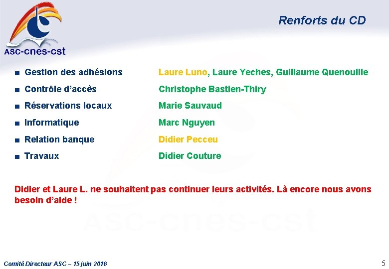 Renforts du CD ■ Gestion des adhésions Laure Luno, Laure Yeches, Guillaume Quenouille ■