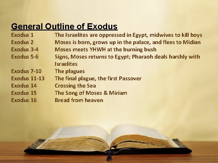 General Outline of Exodus 1 Exodus 2 Exodus 3 -4 Exodus 5 -6 Exodus