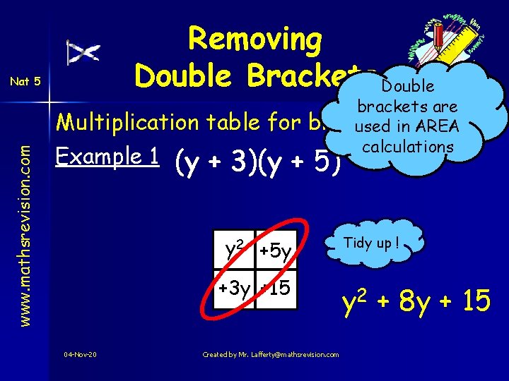 Removing Double Brackets Double Nat 5 www. mathsrevision. com Multiplication table for Example 1