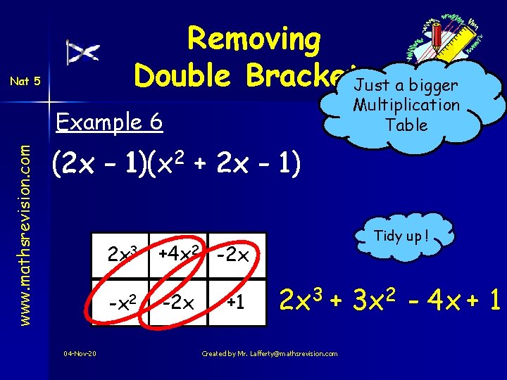 Removing Double Brackets Just a bigger Nat 5 Multiplication Table www. mathsrevision. com Example Removing Double Brackets Just a bigger Nat 5 Multiplication Table www. mathsrevision. com Example