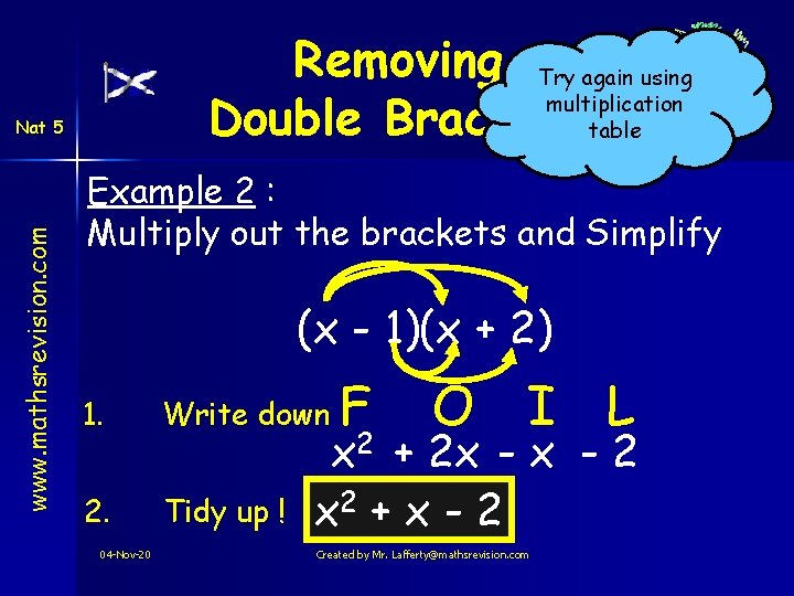 Removing Try again using multiplication Double Bracketstable www. mathsrevision. com Nat 5 Example 2