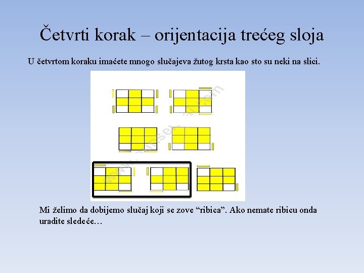 Četvrti korak – orijentacija trećeg sloja U četvrtom koraku imaćete mnogo slučajeva žutog krsta