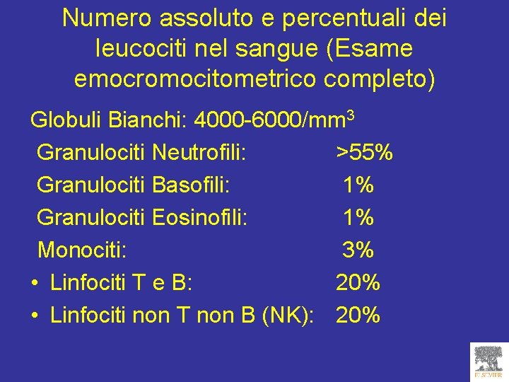 Numero assoluto e percentuali dei leucociti nel sangue (Esame emocromocitometrico completo) Globuli Bianchi: 4000