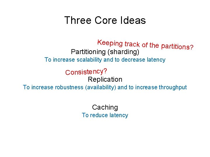 Three Core Ideas Keeping track of the partitions? Partitioning (sharding) To increase scalability and