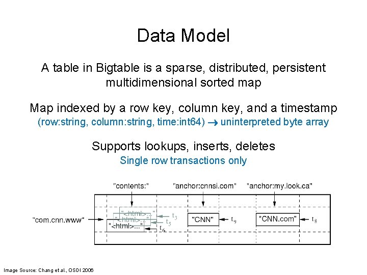 Data Model A table in Bigtable is a sparse, distributed, persistent multidimensional sorted map