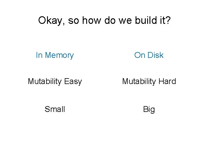 Okay, so how do we build it? In Memory On Disk Mutability Easy Mutability