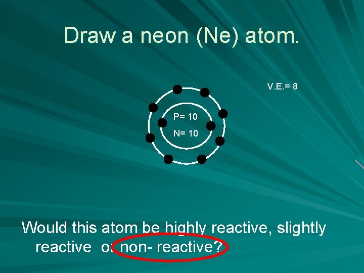 Draw a neon (Ne) atom. V. E. = 8 P= 10 N= 10 Would