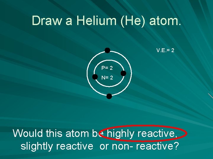 Draw a Helium (He) atom. V. E. = 2 P= 2 N= 2 Would