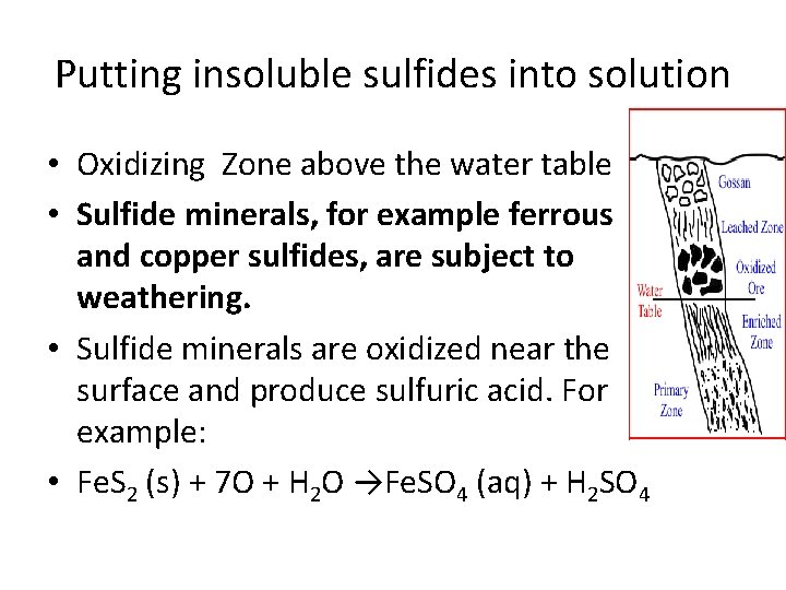 Putting insoluble sulfides into solution • Oxidizing Zone above the water table • Sulfide