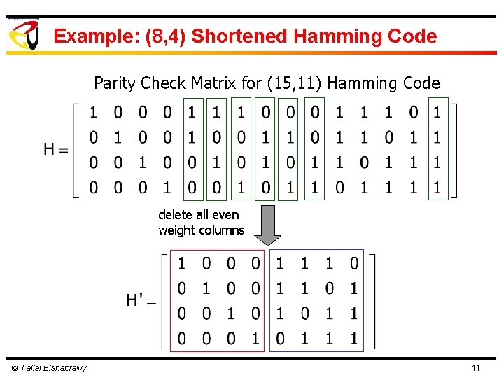 Example: (8, 4) Shortened Hamming Code Parity Check Matrix for (15, 11) Hamming Code Example: (8, 4) Shortened Hamming Code Parity Check Matrix for (15, 11) Hamming Code