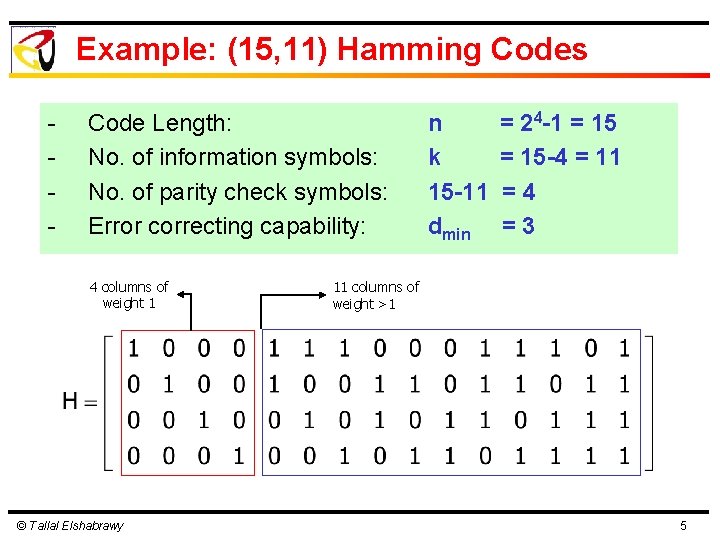 Example: (15, 11) Hamming Codes - Code Length: No. of information symbols: No. of