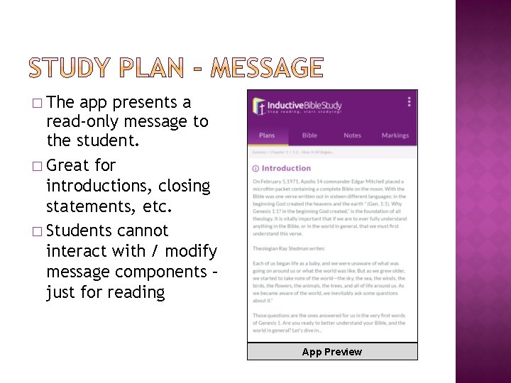 � The app presents a read-only message to the student. � Great for introductions,