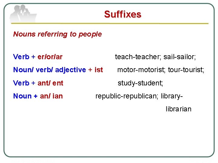 Suffixes Nouns referring to people Verb + er/or/ar teacher; sailor; Noun/ verb/ adjective +