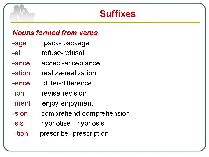 Suffixes Nouns formed from verbs age package al refuse refusal ance acceptance ation realize