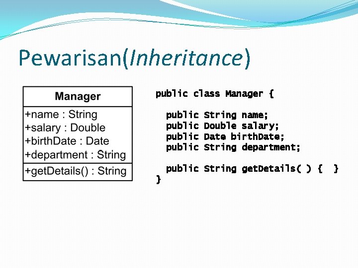 Pewarisan(Inheritance) public class Manager { public String name; Double salary; Date birth. Date; String