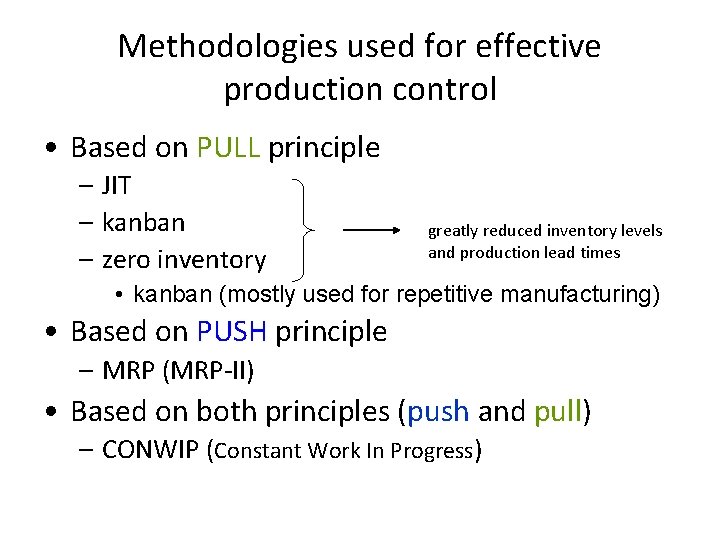 Methodologies used for effective production control • Based on PULL principle – JIT –