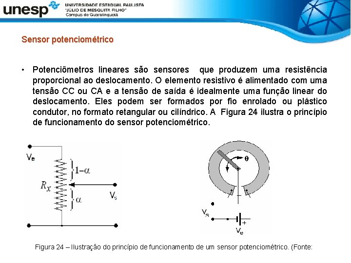 Sensor potenciométrico • Potenciômetros lineares são sensores que produzem uma resistência proporcional ao deslocamento.